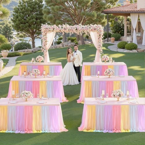 Pastel Rainbow Table Cloths for Parties Tulle Table Skirts Rectangle Tables 6ft Fitted Spandex Table Covers Stretch Elastic Banquet Wedding Baby Shower Birthday Party Table Cloths 6 Foot Rectangle - Image 3