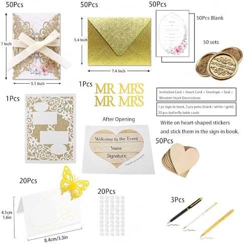 50Pcs Laser Cut Wedding Invitation With Glitter Envelopes And Ribbons Blank Personalized Card Invitaciones Para quinceañera Birthday Baby Shower Christmas Party Bridal Shower (Gold) - Image 2