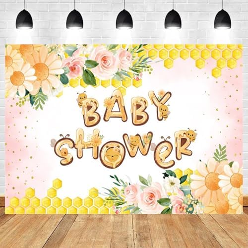 12x6ft Baby Shower Backdrop Bee Flower Honeycomb Floral Pink Yellow Background for Girl Baby Shower Party Decoration Cute Bee Themed Photo Booth Banner - Image 2