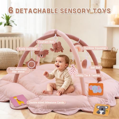 5-in-1 Baby Activity Gym & Play Mat with 6 Hanging Toys, Tummy Time Mat & Cards - Extra Large, Reversible Machine Washable Pad - Gift for Newborns, Infants 0-12 Months, Pink - Image 3