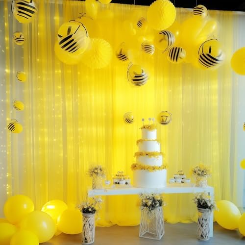 20ft x 10ft Yellow Backdrop Curtain with Lights String for Parties, Sheer Tulle Wedding Photo Backdrops Drapes for Baby Shower Birthday Party Decorations Background for Photography - Image 4