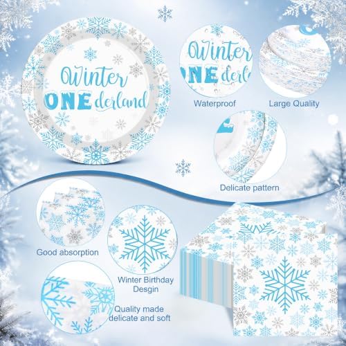 Pickmesh 400 Pcs Blue Winter Onederland Birthday Plates Cups and Napkins - Image 3