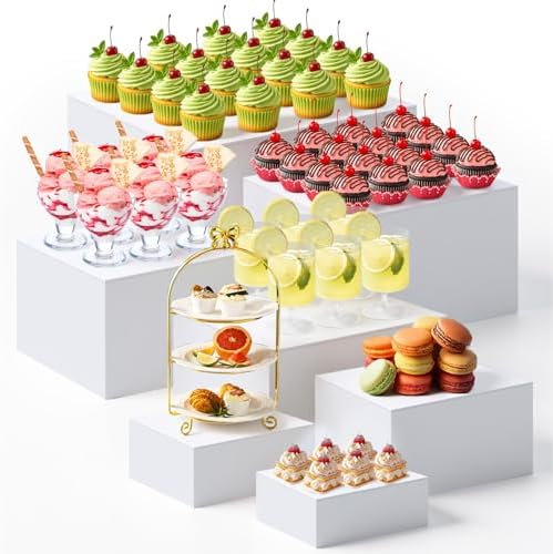 Leinuosen 7 Pcs Extra Large Buffet Risers Set 8" to 14" Acrylic Display Box Square Catering Dessert Table Riser Food Display Decorative Stand with Hollow Bottom for Catering Supplies(White) by Leinuosen