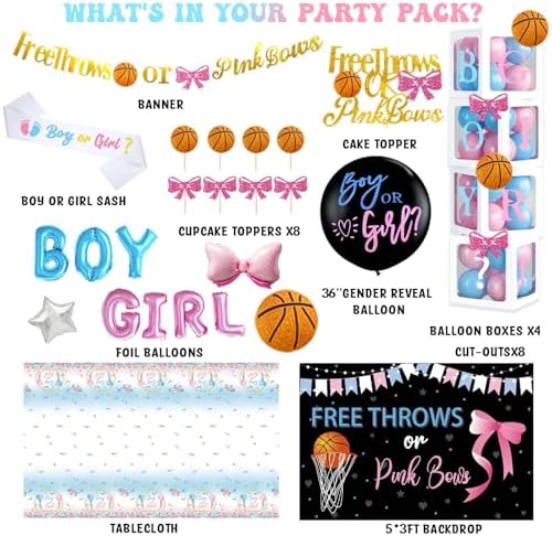 Free Throws or Pink Bows Gender Reveal Decorations, Baby Boy or Girl Gender Reveal Decorations, Basketball or Bows Party Décor Backdrop Balloon Banner Tablecloth Cake Cupcake Topper Box Sash - Image 2