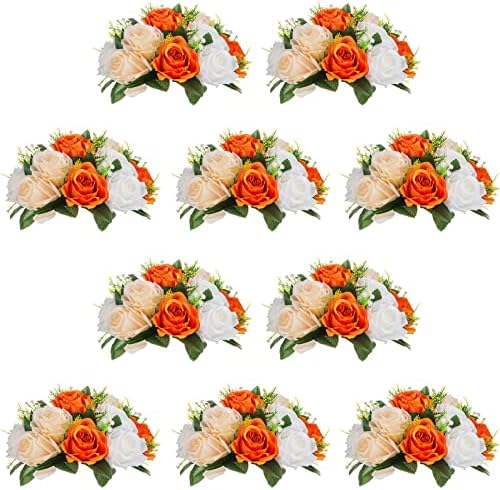 NUPTIO Flower Ball Arrangement Bouquet - 10 Pcs 9.5 inch Diameter Orange Fake Flowers Roses Balls for Centerpieces Tables - Artificial Rose Arrangements for Wedding Centerpiece Table Decorations by Nuptio
