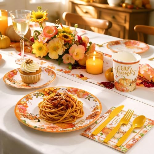 Goodluck 350 Pcs Pumpkin Floral Paper Plates Napkins Cups Cutlery Party Set - Image 4