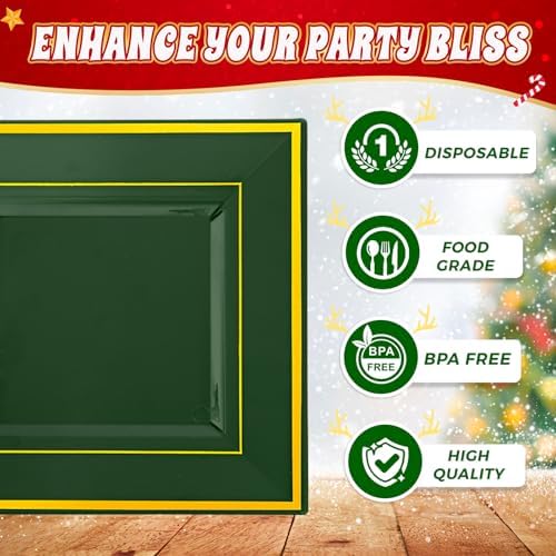 Liacere 100PCS Green and Gold Square Plastic Plates-50PCS Heavy Duty 9.5inch Disposable Dinner Plates and 50PCS 6inch Green Dessert Plate - Gold Plastic Plate for Party&Wedding - Image 5