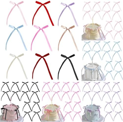 200pcs Satin Ribbon Bow Cake Topper Pink Blue Purple Decorations - Image 2