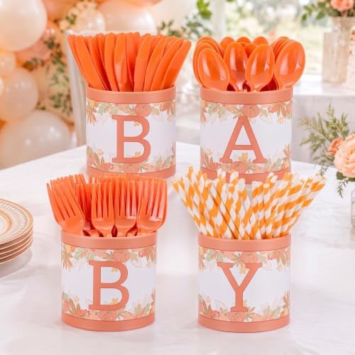 Domensi 204 Pcs Baby Shower Disposable Cutlery Set Utensil Holders, Orange by Domensi