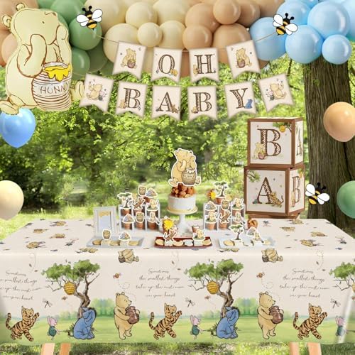 Classic Winnie Bear Baby Shower Decorations, Neutral All-In-One Pooh Baby Shower Balloon Arch Baby Boxes Backdrop Banner Tablecloth Cake Cupcake Topper Bee Stickers Mom To Be Sash Kit for Boys Girls - Image 3
