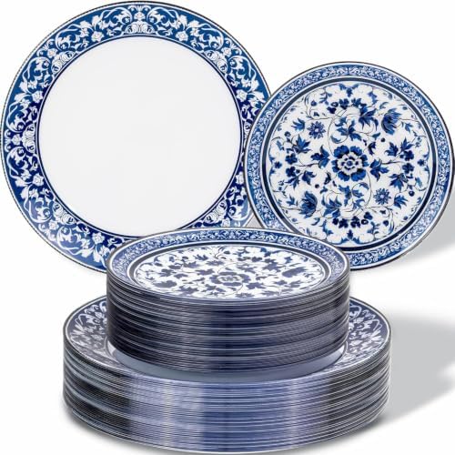 Hioasis Blue Plastic Plates, Fancy Disposable Pates, 60 Pcs for 30 Guests by Hioasis