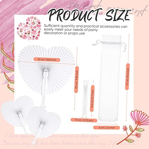 Yinkin 80 Sets White Paper Fans for Wedding Guests Bulk with Plastic Handles, Foldable Heart Shaped Handheld Fans with 80 Organza Bags for Birthday Bridal Shower Church Celebration DIY Party Decor - Image 2