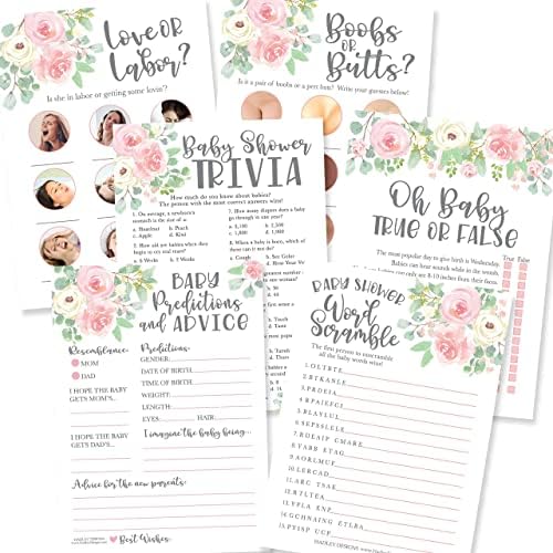 Hadley Designs 50 Floral Baby Prediction And Advice Cards, Trivia Games, etc, 25 Love or Labor, Boobs Or Baby Butts Game - 6 Double Sided Cards Baby Shower Games Funny, Baby Shower Party Supplies by HadleyDesigns