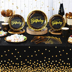 352 Pcs Black and Gold Party Dinnerware Set for 50 Guests Golden Dot Paper Plates Cups Napkins Plastic Tablecloths Forks Knives Spoons Black Gold Disposable Party Supplies for Birthday Decorations - Image 4