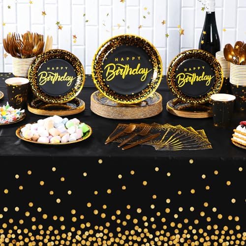 352 Pcs Black and Gold Party Dinnerware Set for 50 Guests Golden Dot Paper Plates Cups Napkins Plastic Tablecloths Forks Knives Spoons Black Gold Disposable Party Supplies for Birthday Decorations - Image 4