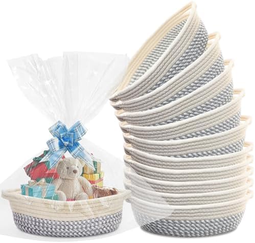 10 Pack Small Woven Basket with Gift Bags and Ribbons, Rectangle Storage Basket Set, Natural Cotton Rope Woven Baskets, Gift Basket for Baby Nursery, Toy Baskets, Bathroom Organization Bin by Adboros