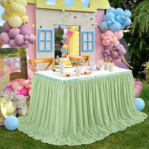Chiffon Table Skirt for Wedding Decorations - 9ft Sage Green Tablecloth for Baby Shower Valentines Party Summer Home Decorations 2 Layer - Image 4