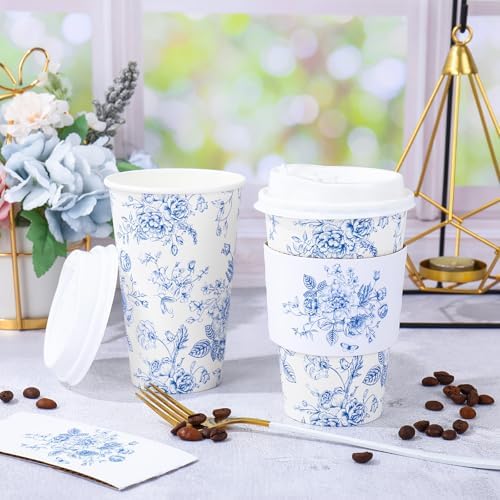 FYSUIMU 50Pcs 16Oz Blue Floral Disposable Coffee Cups with Lids and Sleeves Blue White Chinoiserie Flower Paper Drinking Cup for Wedding Birthday Baby Shower Party Supplies - Image 4