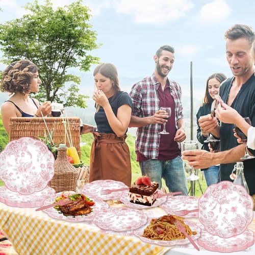 250 Pcs Pink Floral Plates and Napkins, 50 Guests Pink and White Scalloped Disposable Tableware Set Vintage Paper Plates Napkins for Wedding Bridal Shower Tea Garden Party Supplies - Image 4