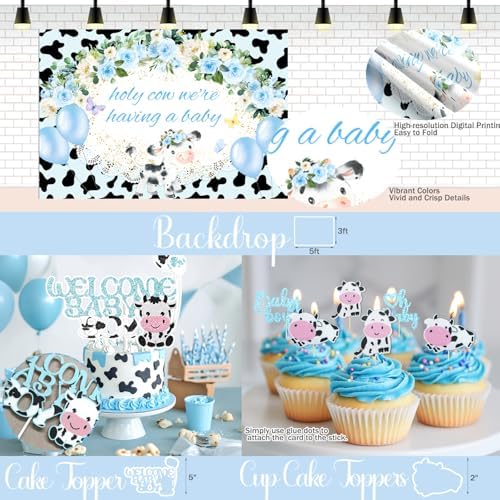 Costova Cow Baby Shower Decorations for Boys, Blue Cow Baby Shower Decorations, Holy Cow We Are Having a Baby Backdrop Balloon Box Tablecloth Sash Pin for Cow Print Baby Shower Gender Reveal - Image 5
