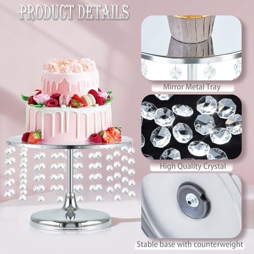 2 Pcs Silver Metal Mirror Cake Stand Set with Crystal Pendants - 11.8"W Elegant Dessert Table Display for Weddings, Birthday Parties, Baby Showers, Events - Sturdy Crystal Bling Cupcake Stands for Pastries, Sweets, Decorations - Image 2