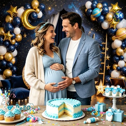 12 x 10 ft Navy Blue Starry Night Backdrop Gold Moon Stars Balloons Night Sky Curtain Theme Photography Background Galaxy Star Baby Shower Birthday Newborn Portrait Photo Booth Decor - Image 4