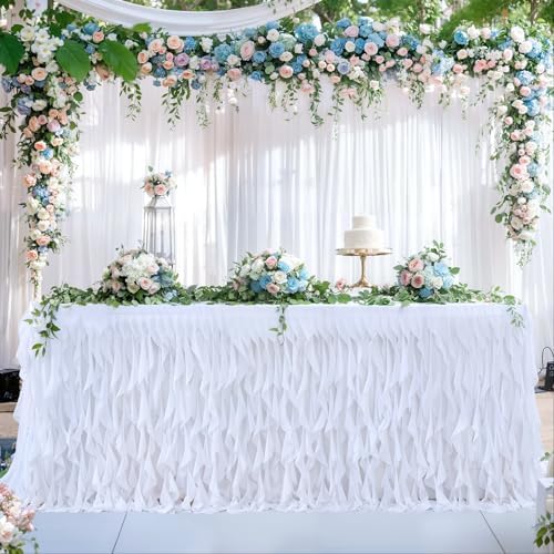 Partisky White Tulle Curly Willow Table Skirt for Rectangle Table 9ft, Ruffle Tutu Table Cloth for Wedding,Bridal Shower, Baby Shower,Birthday Party - Image 2