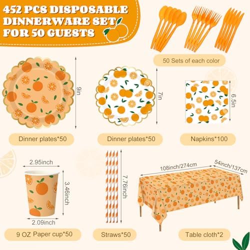 Ceenna 452 Pcs Orange Theme Party Supplies for 50, Little Cutie Is on the Way Paper Plates Napkins Cups Tablecloth Cutlery Straw Disposable Tableware for Summer Birthday Baby Shower Party Decoration - Image 2