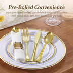Goodluck 50 Pack Pre Rolled Gold Plastic Silverware with Napkins - Image 2