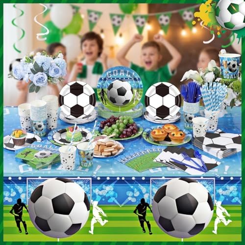 Ceenna 452 Pcs Soccer Party Supplies for 50 Guests, Soccer Paper Plates Napkins Cups Tablecloth Cutlery Straw Disposable Tableware for Men Birthday Sports Theme Day Party Decorations - Image 4