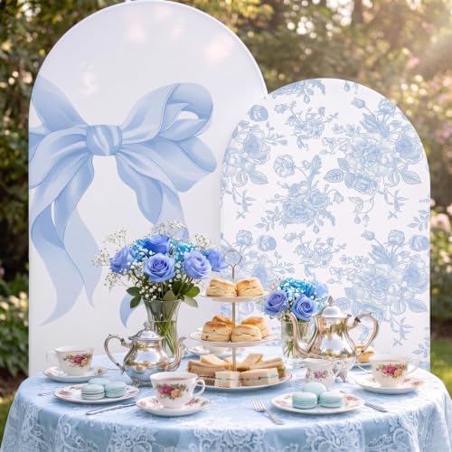 Mindsoft 2 Set Blue Bow Floral Arch Backdrop Cover 7.2ft 6.6ft - Image 3