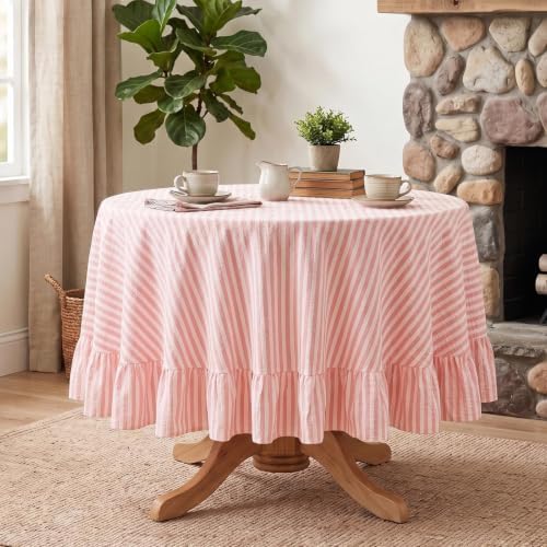 Eternal Beauty Striped Ruffled Round Tablecloth 60 Inch Pink White - Image 5