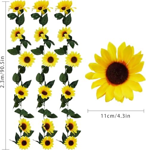 Uieke 12PCS Artificial Sunflower Garland, 7.5ft/Strand Silk Sunflowers Hanging Vines Flowers with Green Leaves for Room Kitchen Garden Birthday Wedding Baby Shower Party Table Decor Large - Image 4
