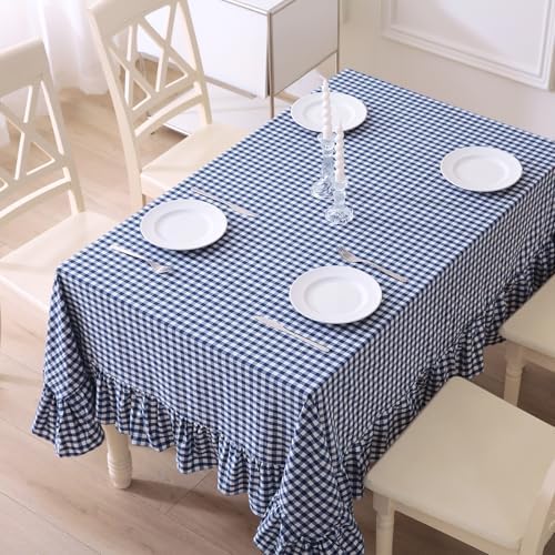 Navy Blue White Gingham Ruffled Table Cloth Rectangular 102"x60" - Image 3