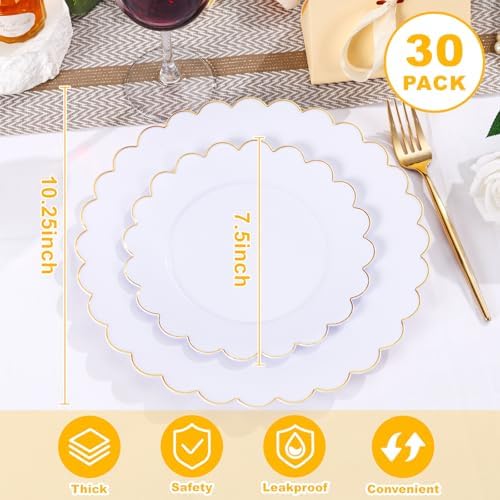 LIYH 60 Pcs White Plastic Plates with Gold Rim, Scalloped Disposable Combo Heavy-Duty Patriotic Plates Includes 30 Dessert Platos & 30 Dinner Platos for Birthday Wedding Party - Image 2