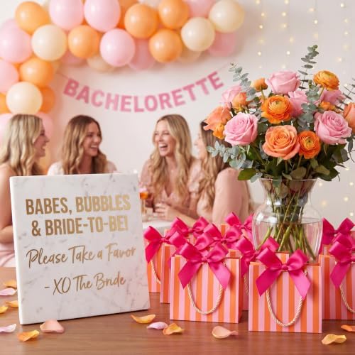 FunooFuno 50 Pack Orange Stripe Gift Bags with Pink Bows, 5.5 inches - Image 4
