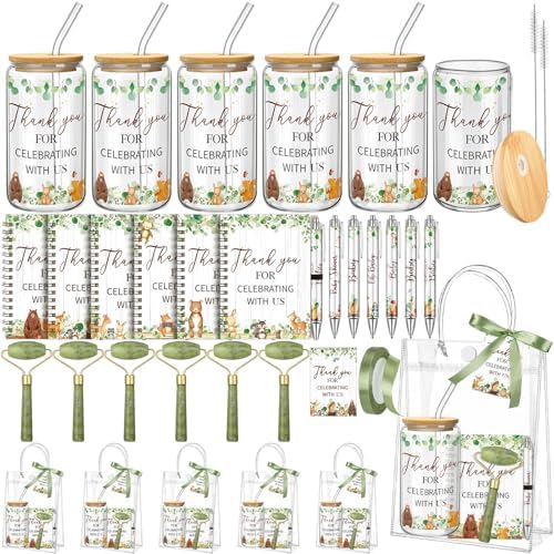 Reallnaive 6 Set Woodland Animal Baby Shower Game Prizes for Player Winners Tumblers with Lids Straws Roller for Face Pens Spiral Notebooks Gift Bags for Baby Bridal Shower Wedding Game Favors by Reallnaive
