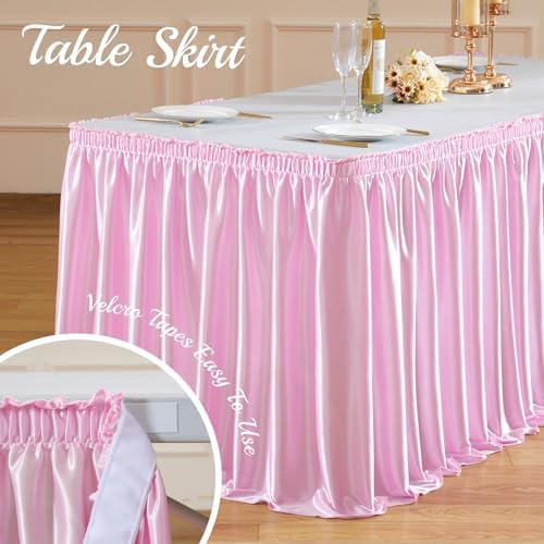 21ft Length Pink Satin Table Skirt Rectangle Tables-Wrinkle Resistant Ruffle Table Skirting Glitter Teacher Desk Cover Skirt for School Classroom Dorm Girls Birthday Party Cake Dessert Decorations - Image 5