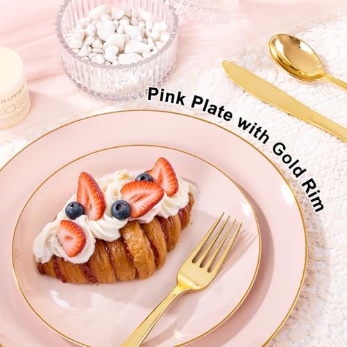YOUBET 125PCS Pink Plastic Plates with Gold Rim for Party Wedding Birthday - Image 4