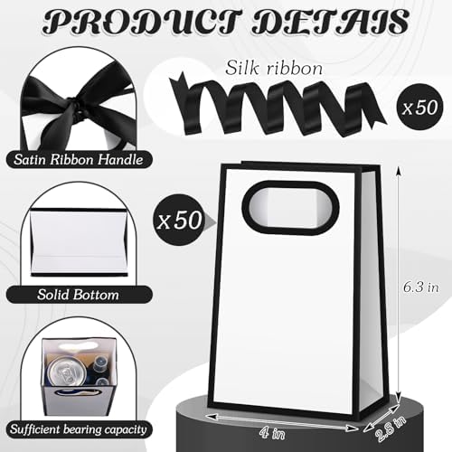 AmazingSpark 50 Pcs White Black Mini Gift Bags Bulk 6.3 x 3.9 x 2.8 Inch Party Favors Elegant Small Gift Bags with Handles and Ribbon Bows for Wedding Birthday Bridal Baby Shower Party Favors - Image 2