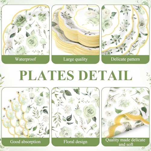Funnymoom 250 Pcs Sage Green Gold Floral Paper Plates Napkins Cups Serve 50 - Image 2