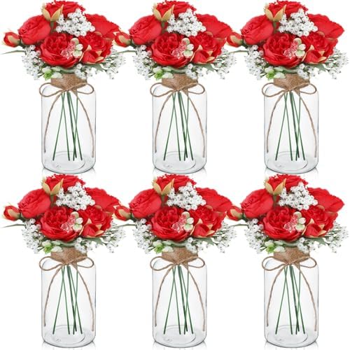 Zeyune 6 Sets Mason Jar Table Centerpiece with Artificial Peony Baby's Breath Flower Centerpieces Faux Flowers with Rope for Wedding Reception Engagement Bridal Shower Rustic Table Decor(Red) by Zeyune
