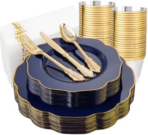 NOCCUR 175PCS Blue Plastic Plates with Disposable Silverware - Include 50 Blue Disposable Plates with Gold Rim,75 Gold Cutlery,25 Cups,25Napkins for Party/Wedding/Graduation/Independence Day by NOCCUR
