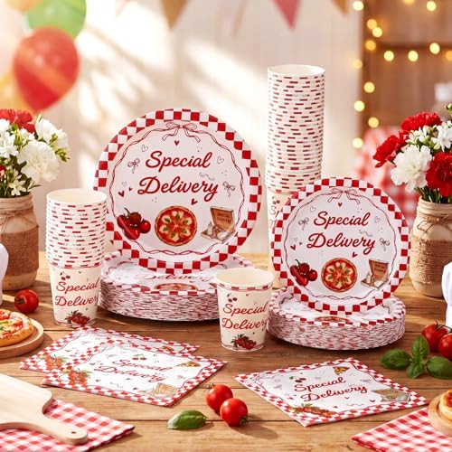 FoldTier 250 Pcs Special Delivery Pizza Baby Shower Party Supplies Disposable Tableware Set Serves 50 Guests Italian Pizza Theme Paper Plates Cups Napkins for Gender Reveal Birthday Party Decoration - Image 2