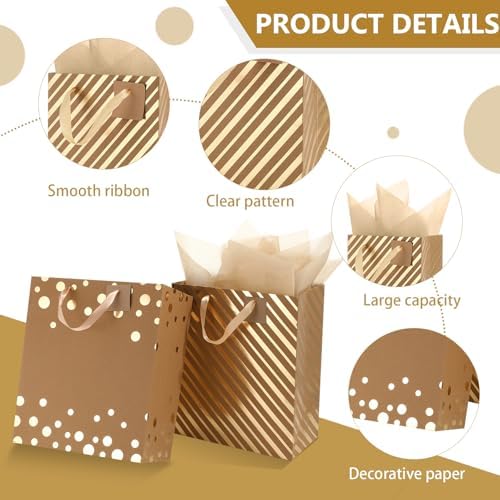 Tenare 24 Pcs Metallic Gold Gift Bags Bulk with Handle and 24 Tissue Paper Gold Foil Gift Bag for for Graduation Wedding Groomsmen Bridal Baby Shower Gifts Holiday Party Favors 3 Size 4.5’’ 9’’ 13’’ - Image 3