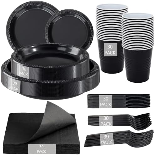 WELLIFE 210Pcs Black Plastic Plates,Black Disposable Plates for Party by WELLIFE