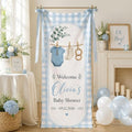 Welcome Blue Gingham Clothesline Baby Shower Satin Fabric Welcome Banner by Custom