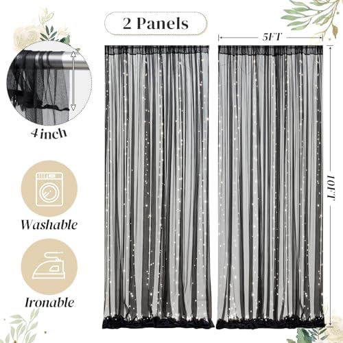 10ft x 10ft Black Backdrop Curtain with Lights String for Parties, Sheer Tulle Wedding Photo Backdrops Drapes for Baby Shower Birthday Party Decorations Background for Photography - Image 2