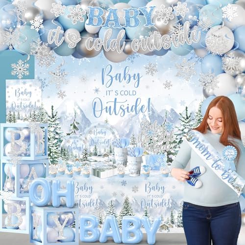 Winter Baby Shower Decorations, Blue Baby It's Cold Outside Decor with Plates Napkins Tablecloth Balloon Cake Topper, Winter Wonderland Baby Shower Party Supplies for Boy - Image 2