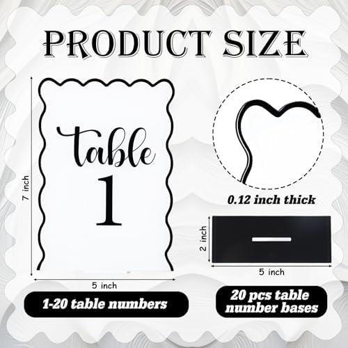 Black and White Wave Acrylic Table Number 1-20 with 20Pcs Stands, 5"x7" Table Centerpiece Decor for Indoor Outdoor Birthday Baby Shower Wedding Bridal Shower Anniversary Party Reception - Image 4